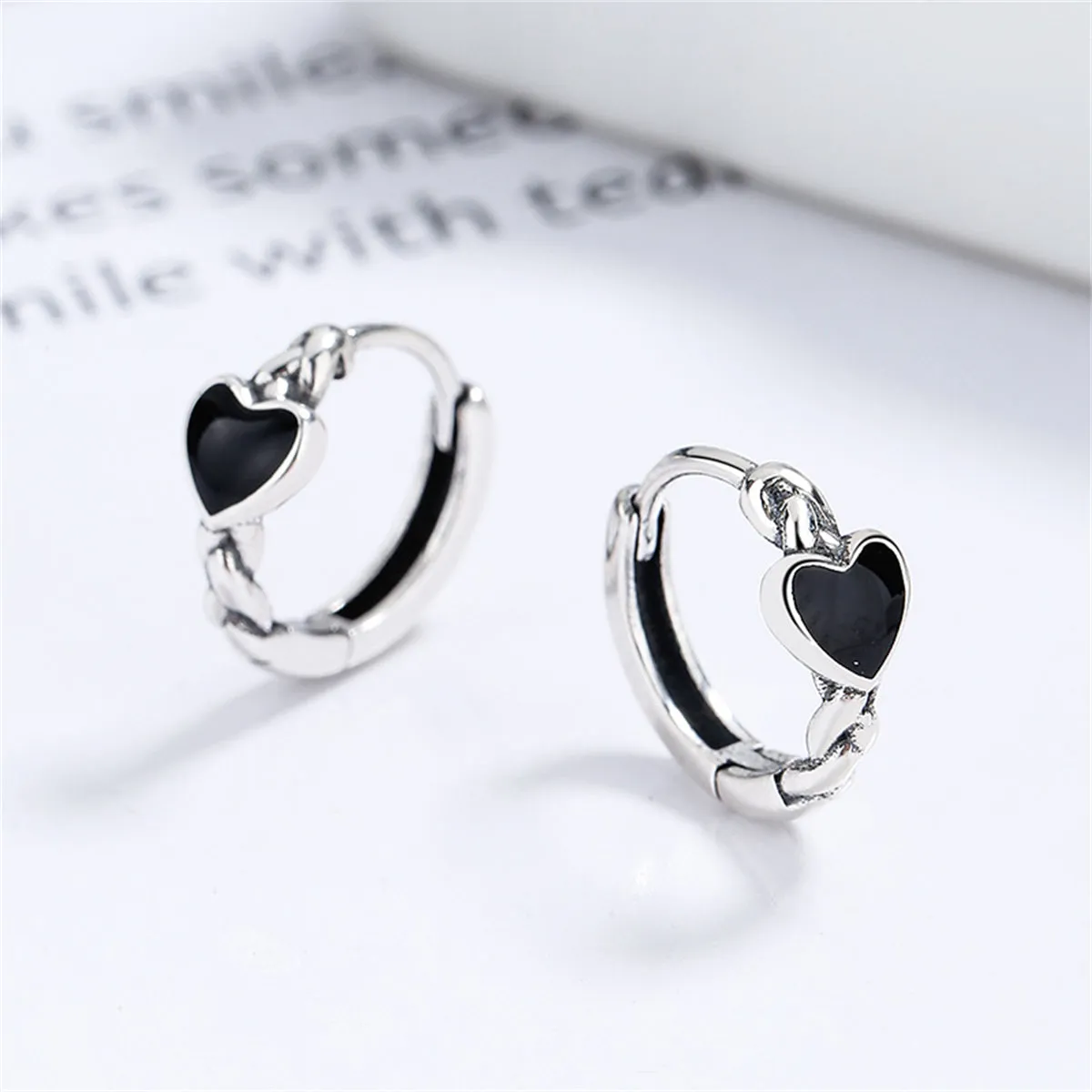 Black Enamel & Silver-Plated Heart Huggie Earrings