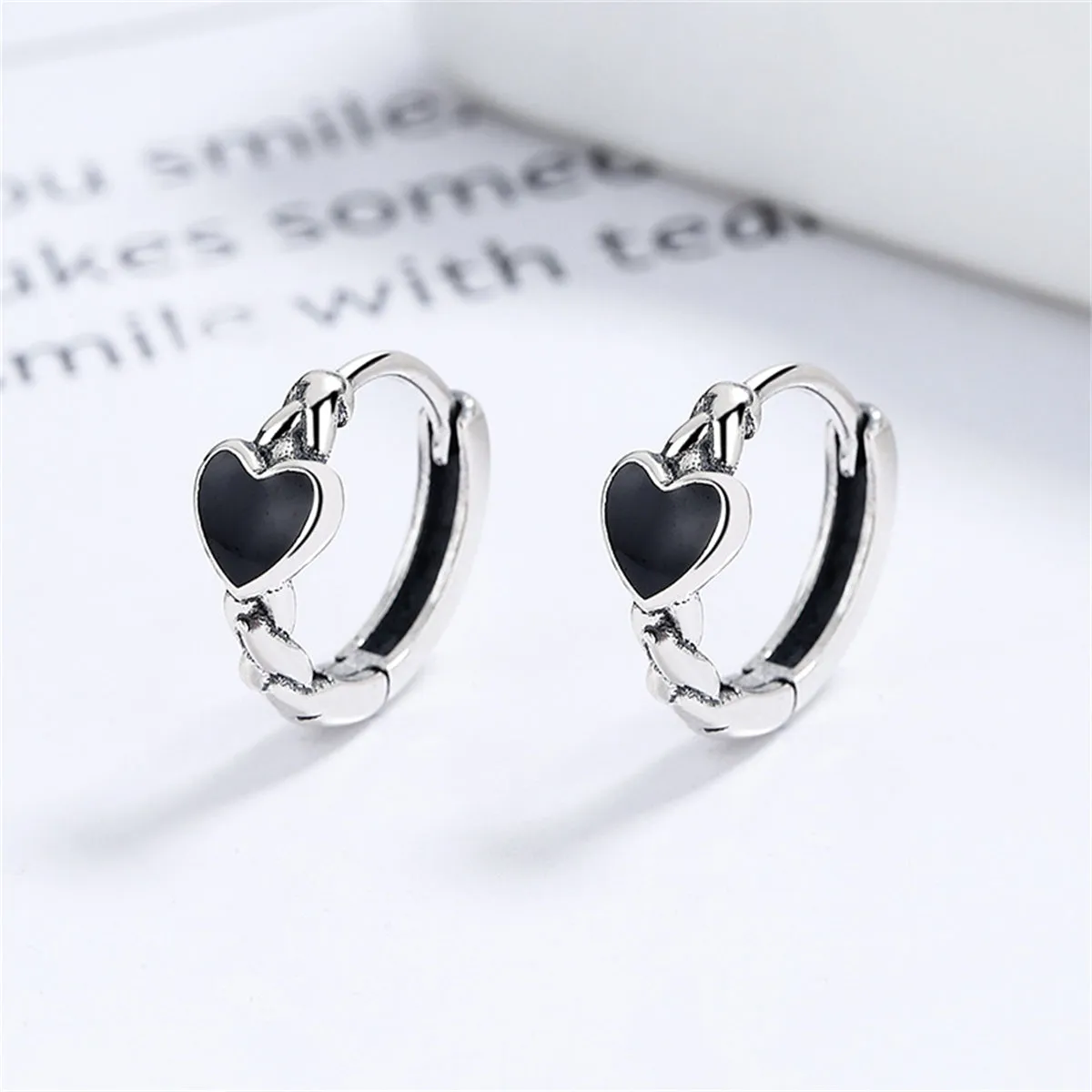 Black Enamel & Silver-Plated Heart Huggie Earrings
