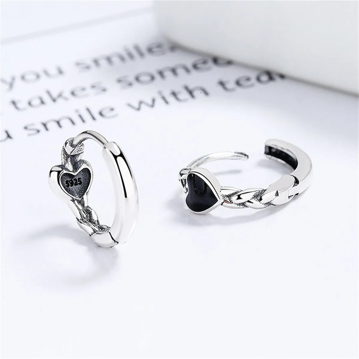 Black Enamel & Silver-Plated Heart Huggie Earrings