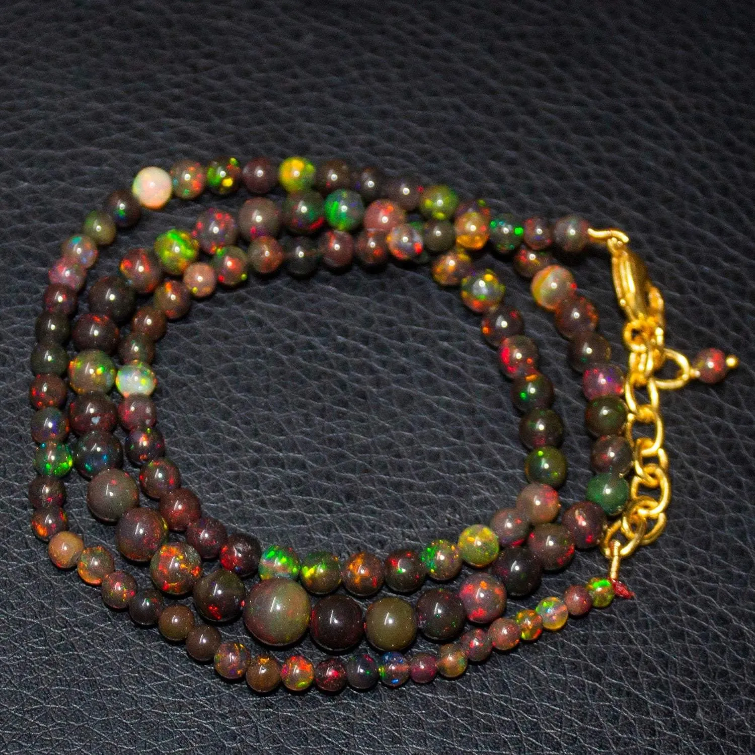 Black Ethiopian Opal Round Ball Gold Vermeil Gemstone Beads Necklace 3mm 7mm 20"