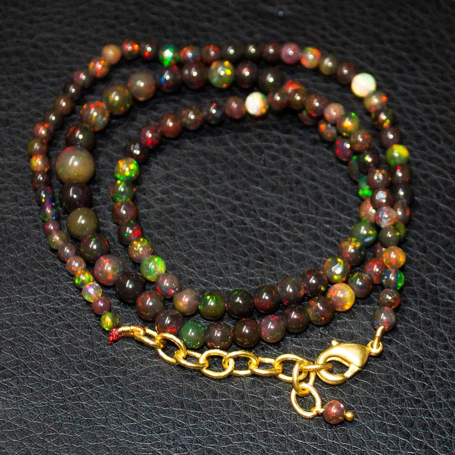 Black Ethiopian Opal Round Ball Gold Vermeil Gemstone Beads Necklace 3mm 7mm 20"