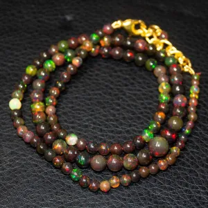 Black Ethiopian Opal Round Ball Gold Vermeil Gemstone Beads Necklace 3mm 7mm 20"