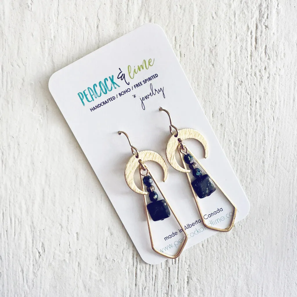 black galaxy // black mica jasper and crescent moon earrings