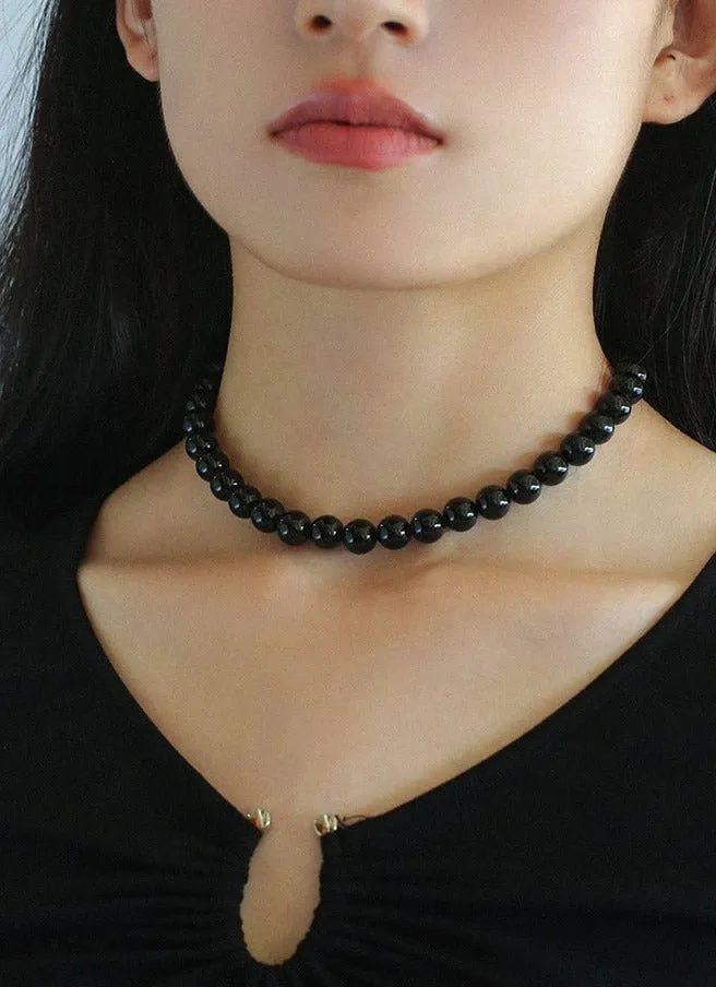 Black Onyx 10mm Beaded Figure 8 Buckle Necklace