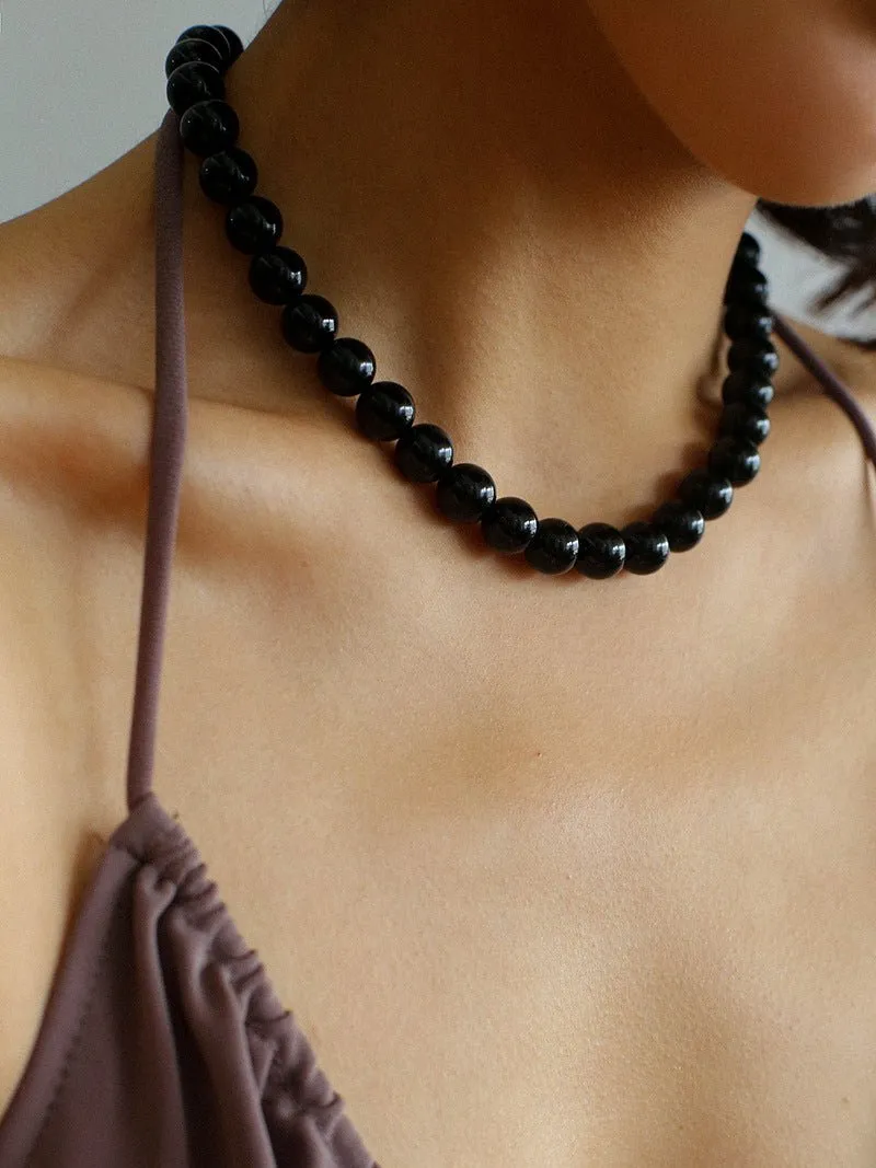 Black Onyx 10mm Beaded Figure 8 Buckle Necklace
