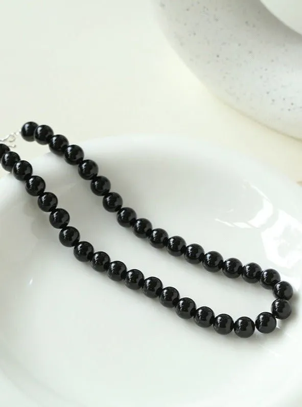 Black Onyx 10mm Beaded Figure 8 Buckle Necklace