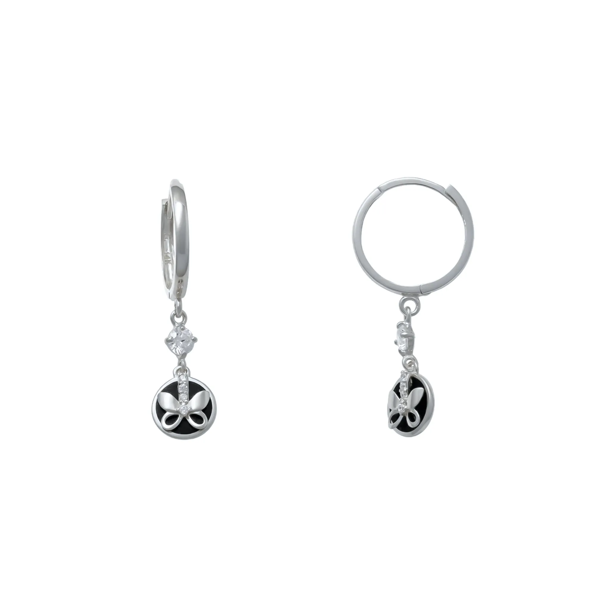 Black Onyx &  Zirconia Butterfly Dangling Huggie Earrings (14K)