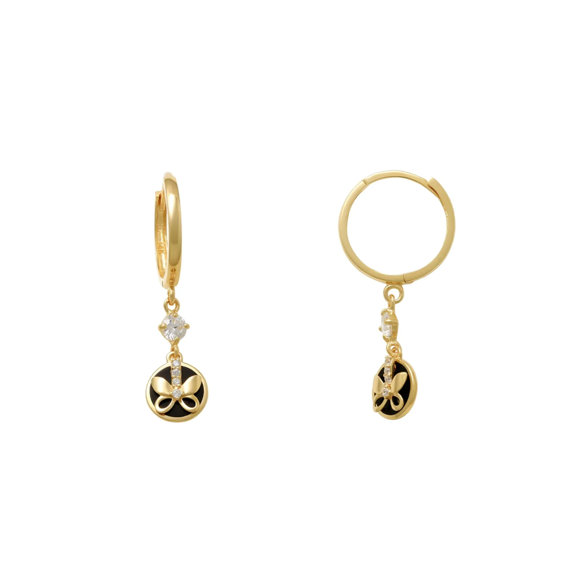 Black Onyx &  Zirconia Butterfly Dangling Huggie Earrings (14K)