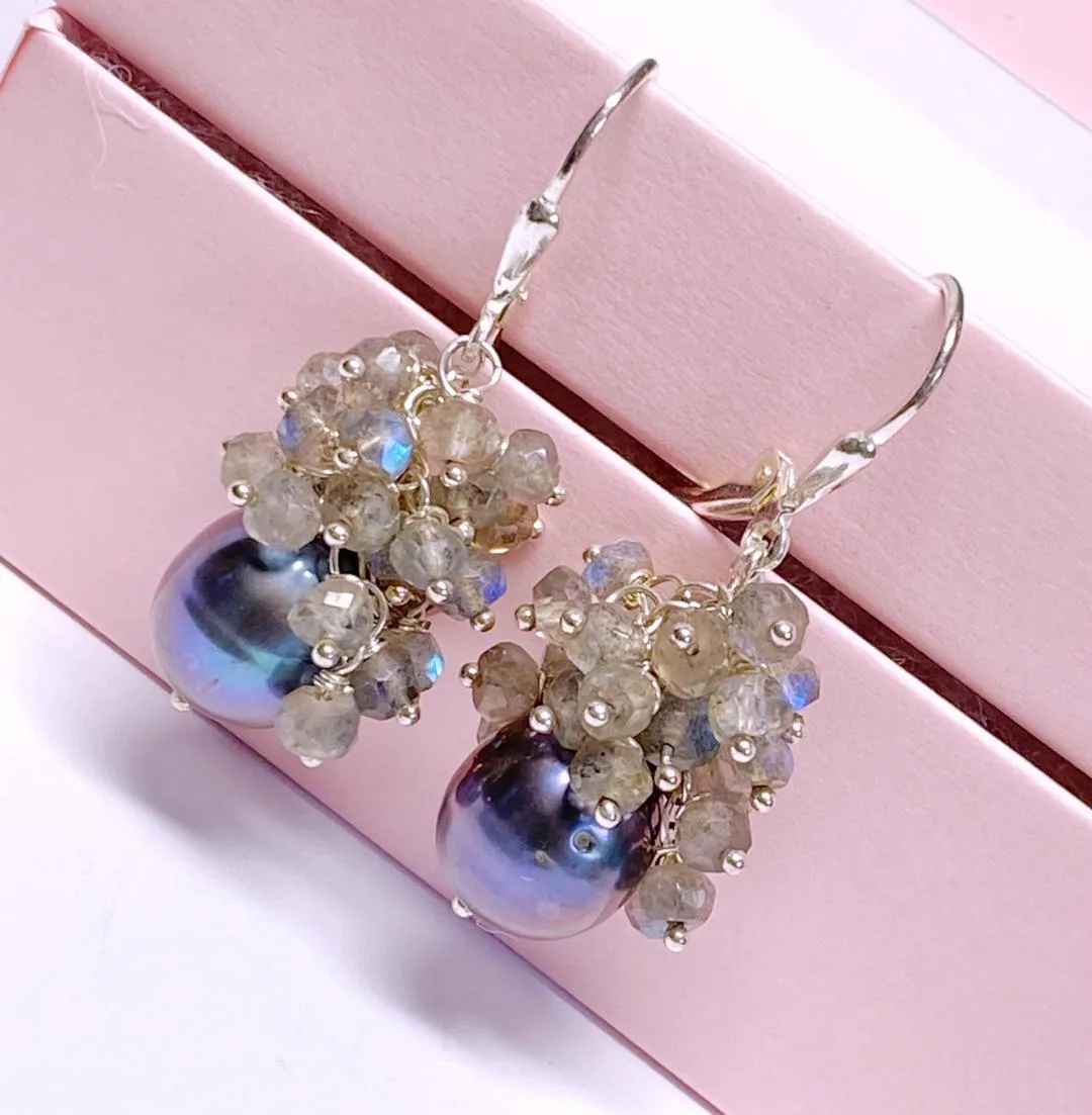 Black Pearl Labradorite Cluster Earrings in Sterling Silver