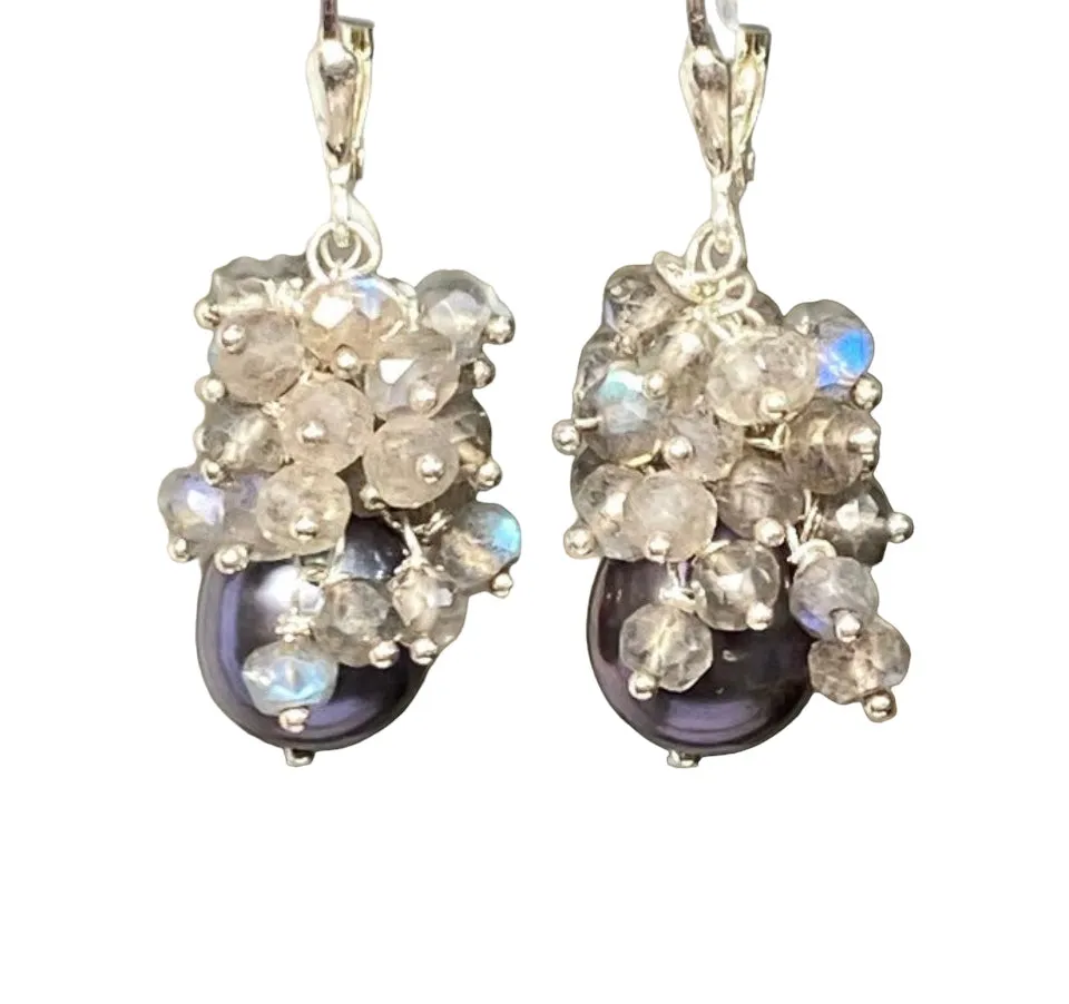 Black Pearl Labradorite Cluster Earrings in Sterling Silver