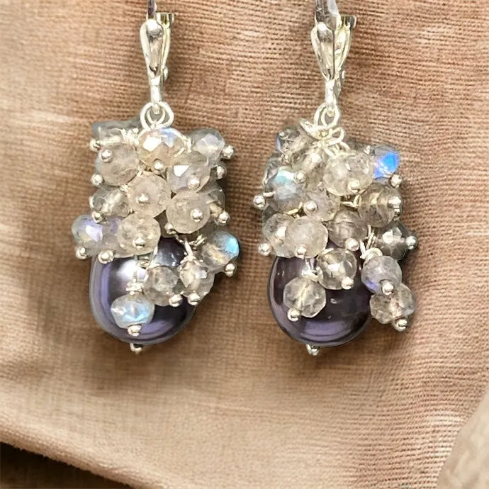 Black Pearl Labradorite Cluster Earrings in Sterling Silver