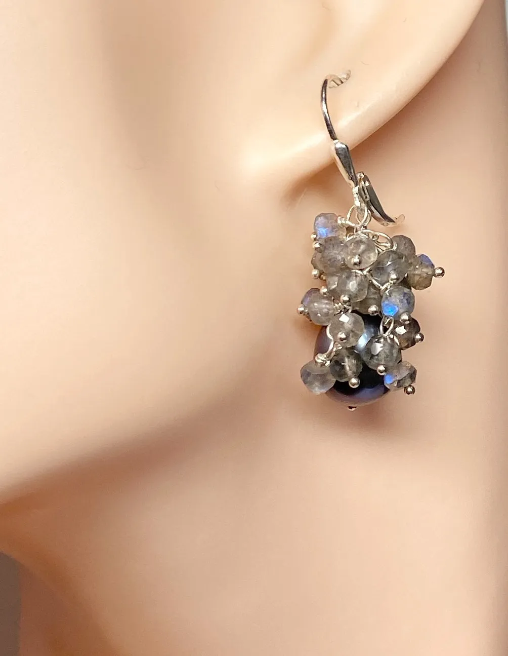 Black Pearl Labradorite Cluster Earrings in Sterling Silver
