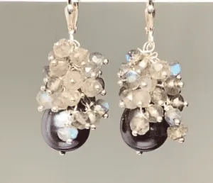 Black Pearl Labradorite Cluster Earrings in Sterling Silver