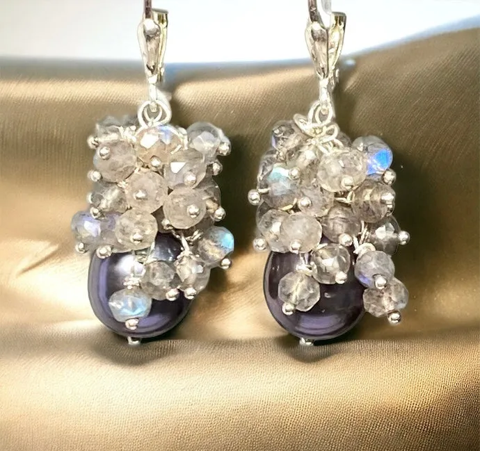 Black Pearl Labradorite Cluster Earrings in Sterling Silver