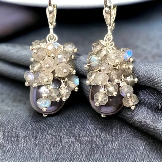 Black Pearl Labradorite Cluster Earrings in Sterling Silver