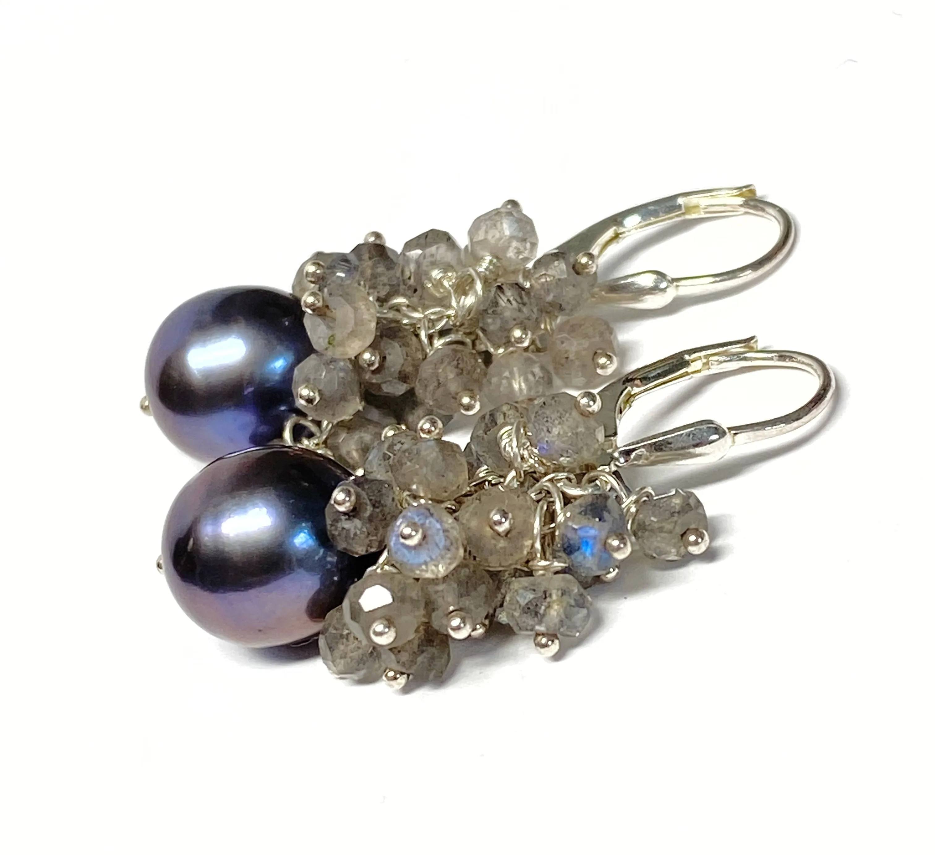 Black Pearl Labradorite Cluster Earrings in Sterling Silver