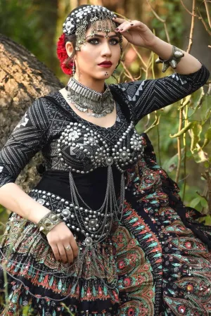 Block print asssuit pattern bra belt set black silver WS