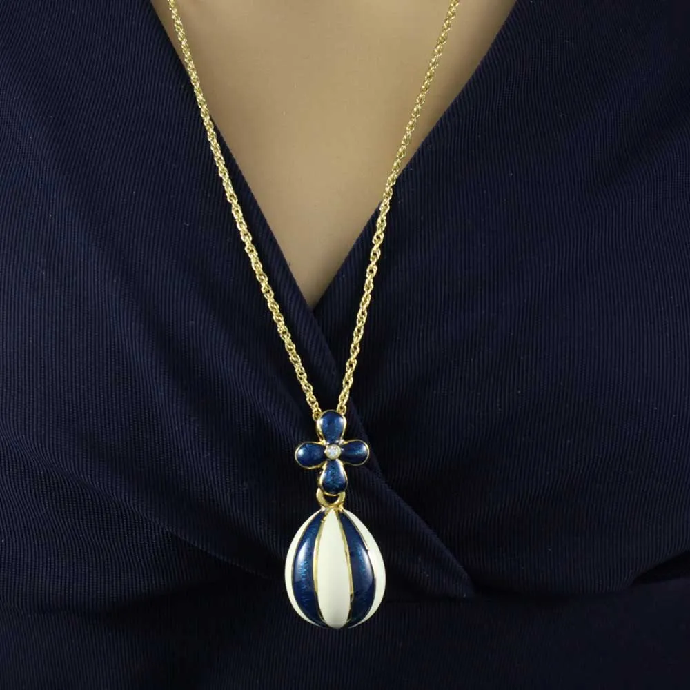 Blue and White Enamel Striped Egg Pendant on Gold Chain - PT610