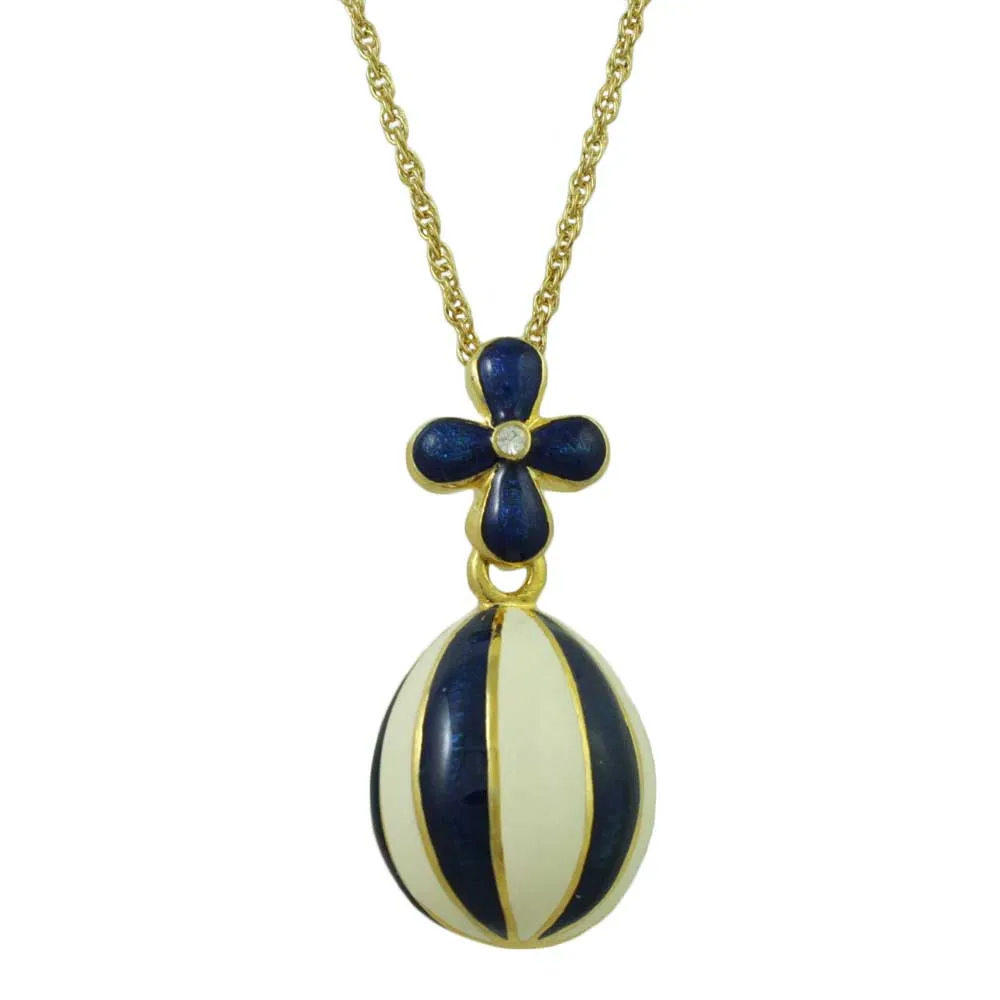 Blue and White Enamel Striped Egg Pendant on Gold Chain - PT610