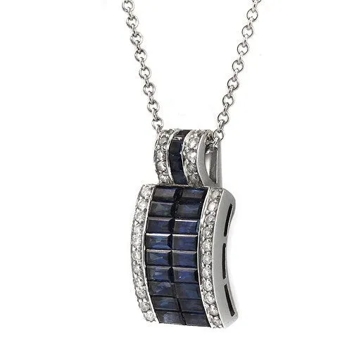 Blue Sapphire with Diamond Pendant Necklace In 18k White Gold