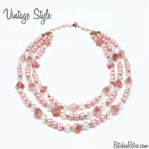 Blush Art Glass Bead and Faux Pink Pearl Vintage Necklace