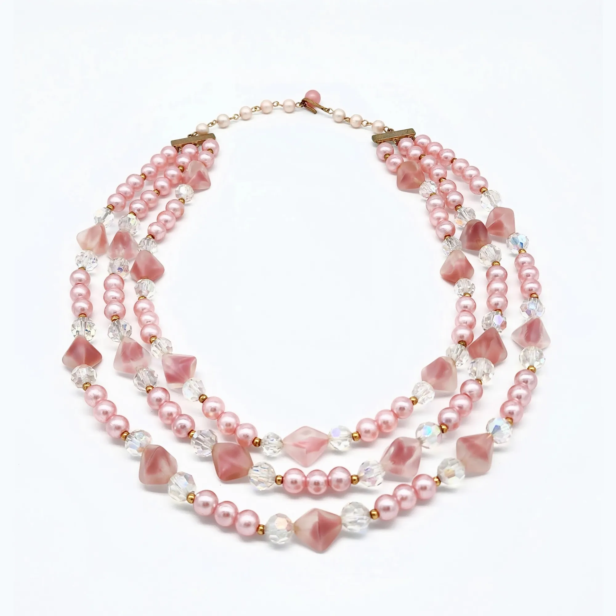 Blush Art Glass Bead and Faux Pink Pearl Vintage Necklace