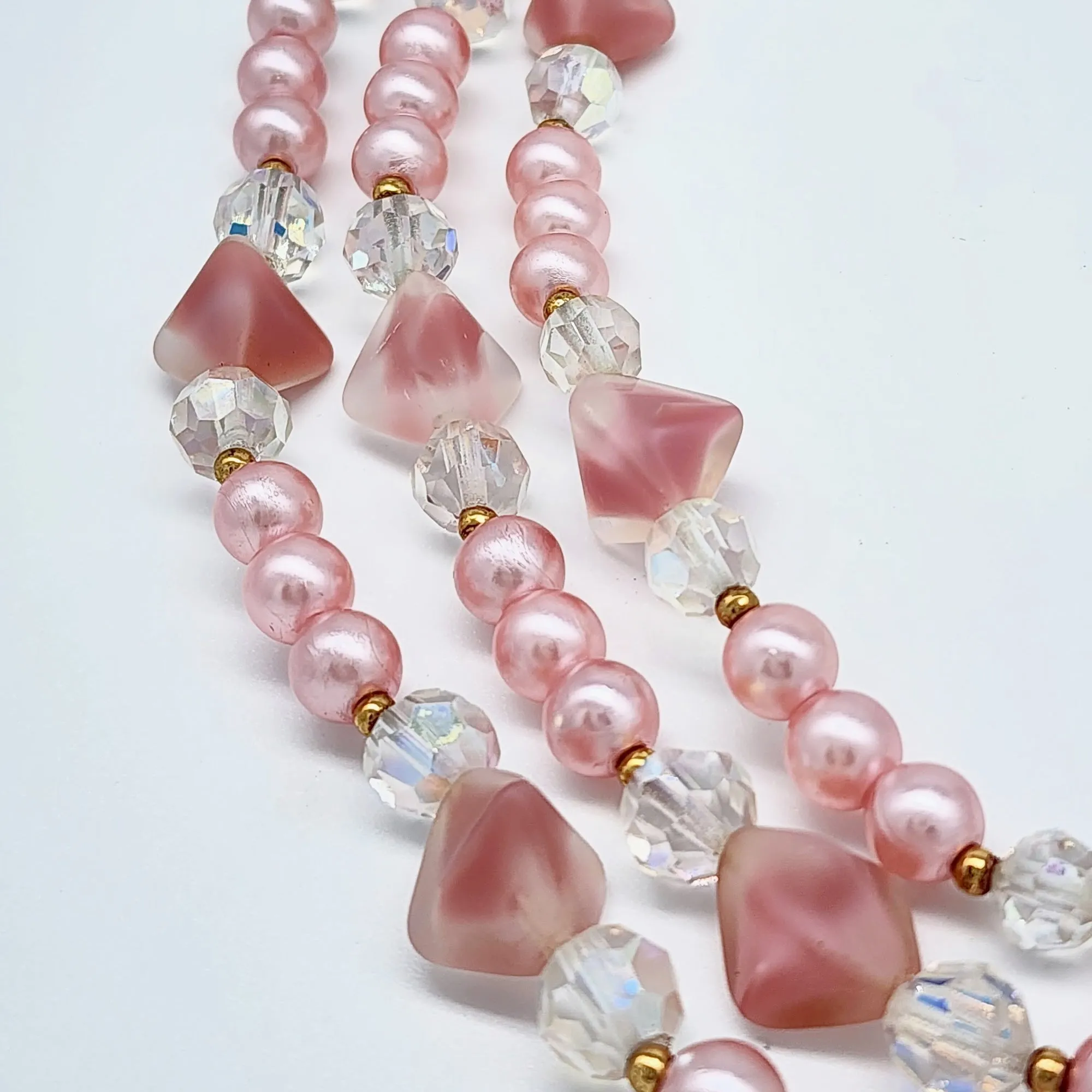 Blush Art Glass Bead and Faux Pink Pearl Vintage Necklace