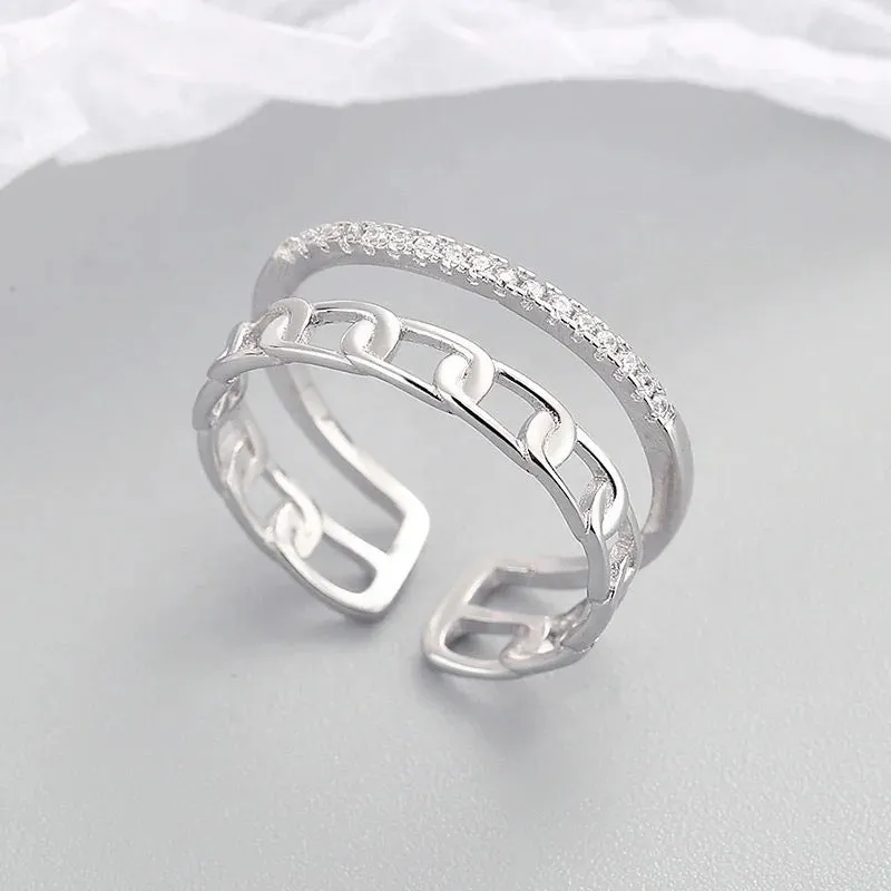 Boho & Mala Double Chain Sterling Silver Ring (adjustable)