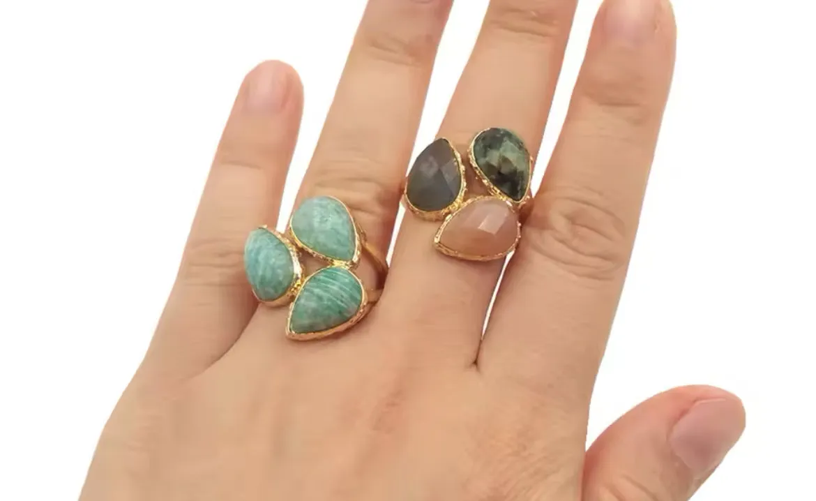 Boho & Mala Natural Green Stone Gold Ring (adjustable)