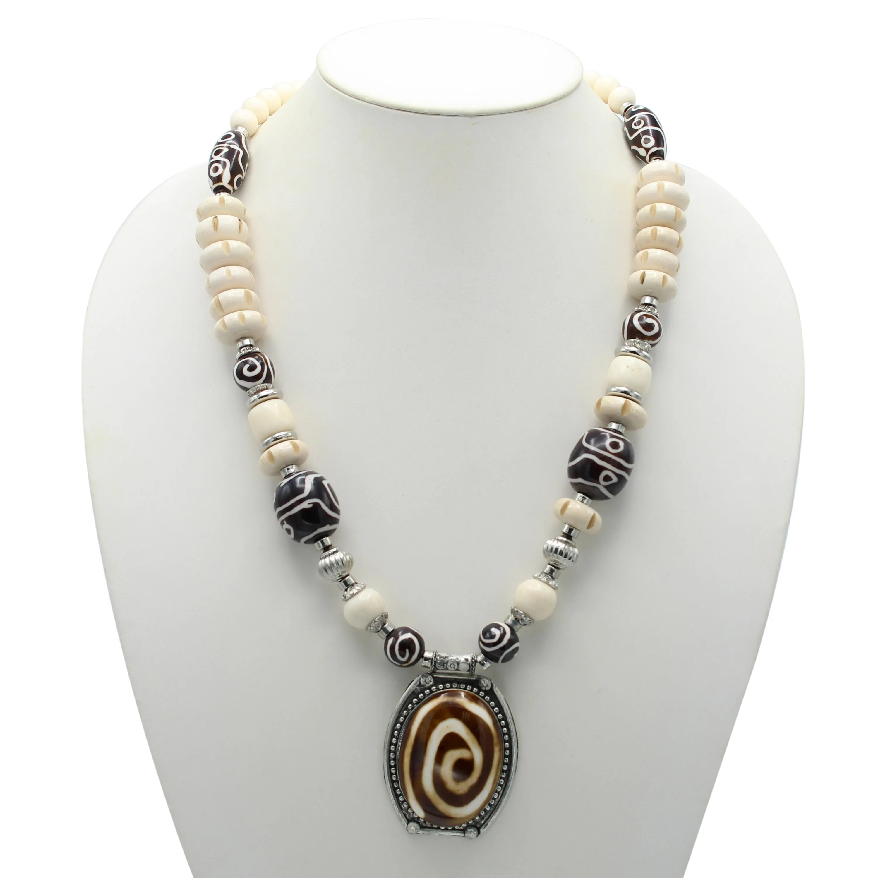 Brown And Cream Big Beads Silver Pendant Necklace #FWNK-1811-21(LB11)