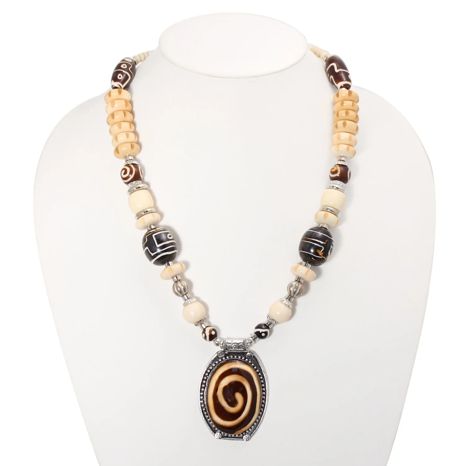 Brown And Cream Big Beads Silver Pendant Necklace #FWNK-1811-21(LB11)