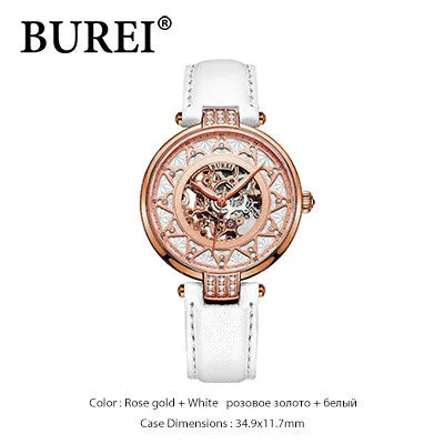 BUREI fashion women sapphire watch luxury skeleton watch automatic watches women genuine leather mechanical watches SL-15006-P0
