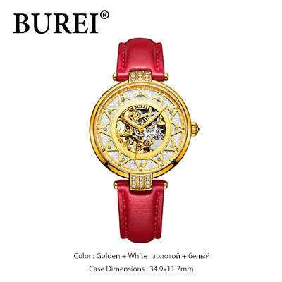 BUREI fashion women sapphire watch luxury skeleton watch automatic watches women genuine leather mechanical watches SL-15006-P0