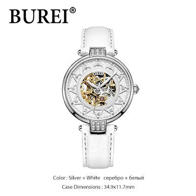 BUREI fashion women sapphire watch luxury skeleton watch automatic watches women genuine leather mechanical watches SL-15006-P0