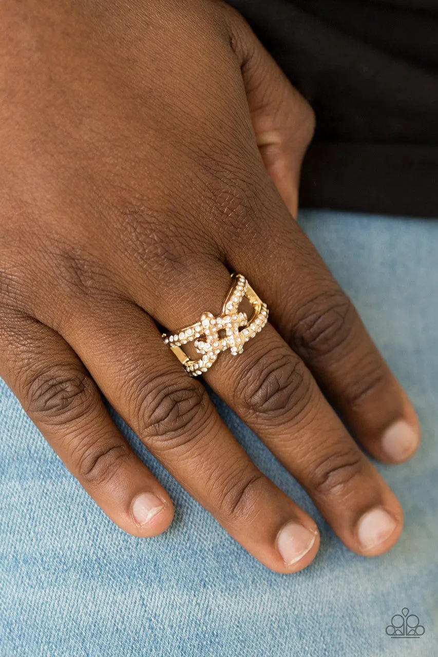 Can Only Go UPSCALE from Here - Gold - Knotted Frame White Rhinestone Paparazzi Ring