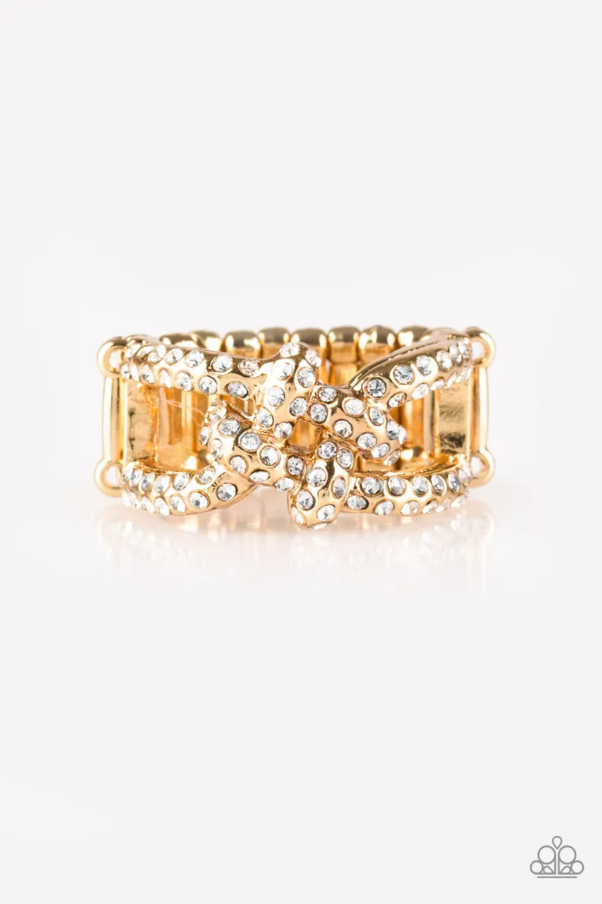 Can Only Go UPSCALE from Here - Gold - Knotted Frame White Rhinestone Paparazzi Ring