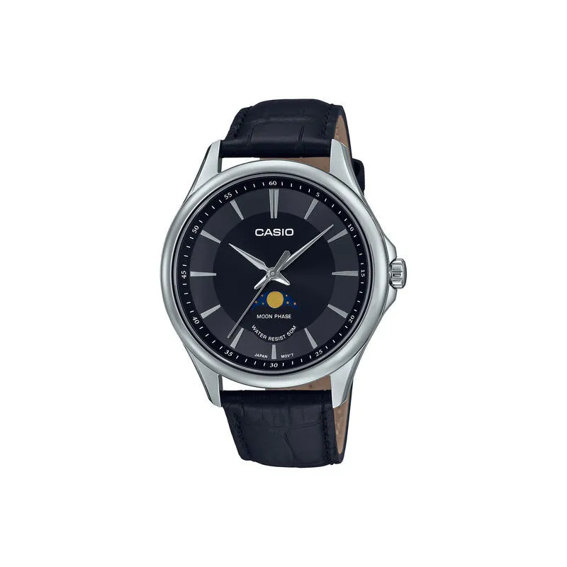 Casio Moon Phase Men's Analog Watch MTP-M100L-1AVDF Black Genuine Leather Strap