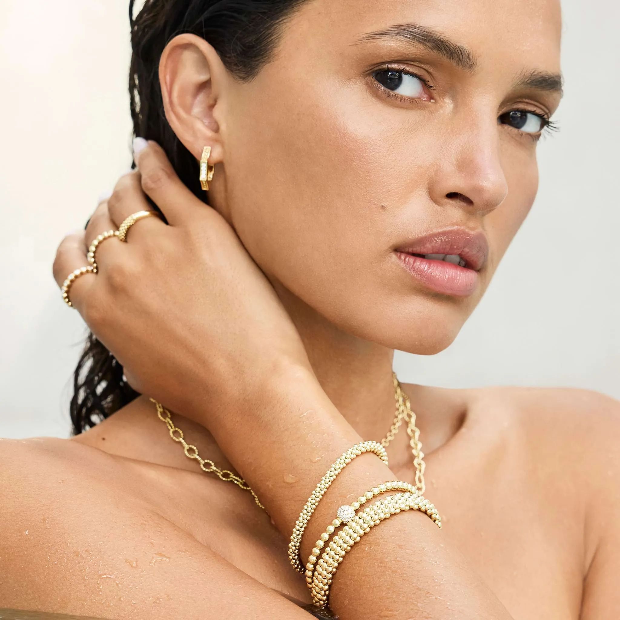 Caviar Gold 18K Gold Caviar Hexagon Diamond Huggie Earrings