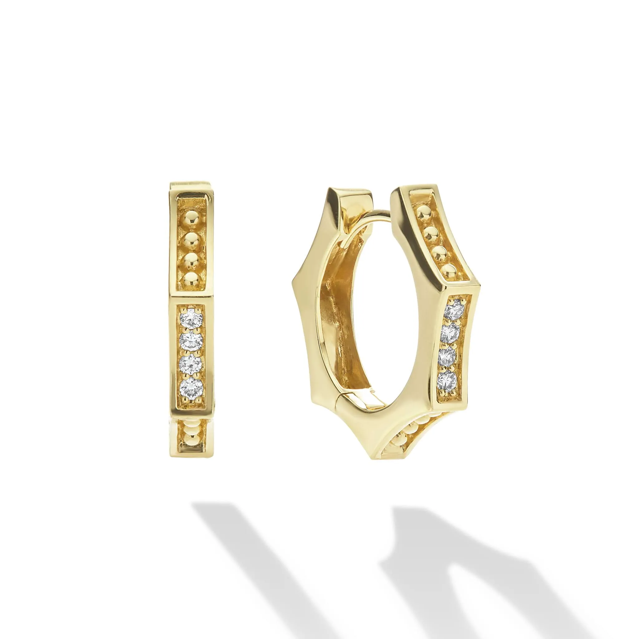 Caviar Gold 18K Gold Caviar Hexagon Diamond Huggie Earrings