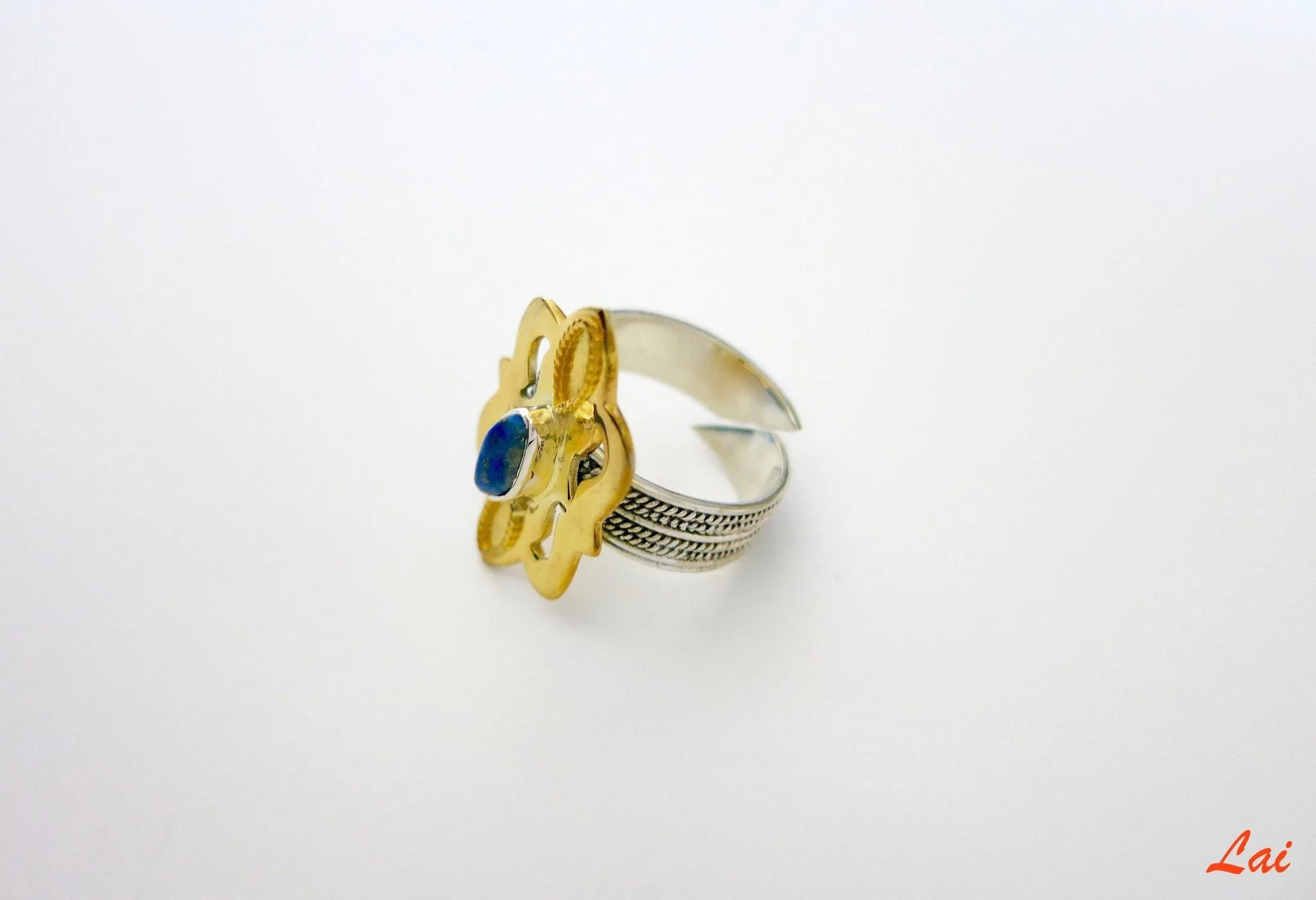 Central Asian tribal-inspired 2 tone lapis ring