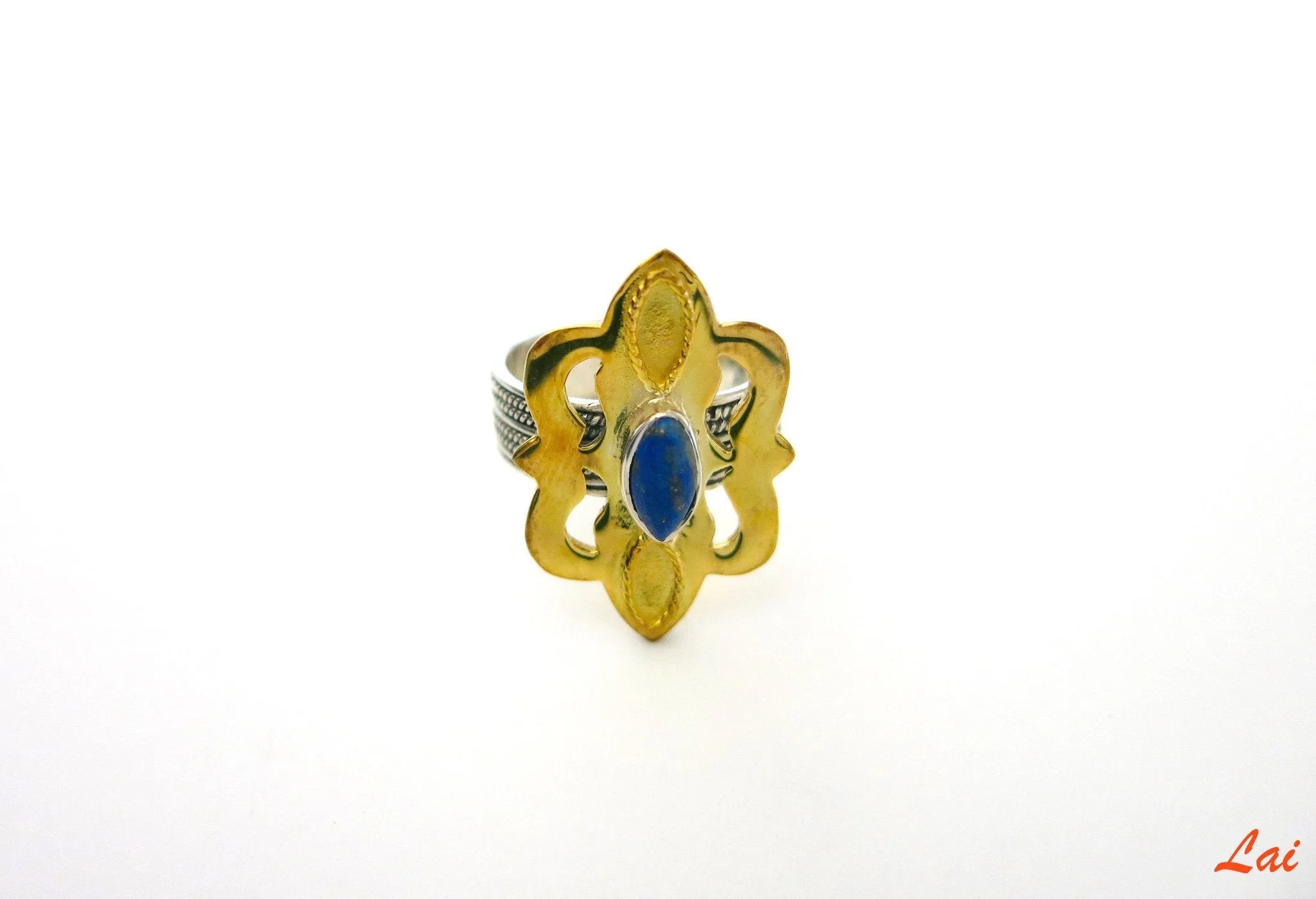 Central Asian tribal-inspired 2 tone lapis ring