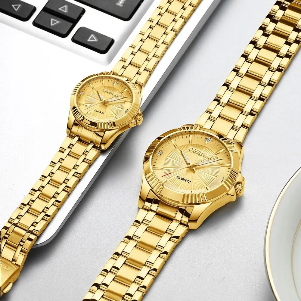 CHENXI Top Brand Luxury Watches Couple Fashion Golden Quartz Watch for Men Women Waterproof Stainless Steel Analog WristWatch