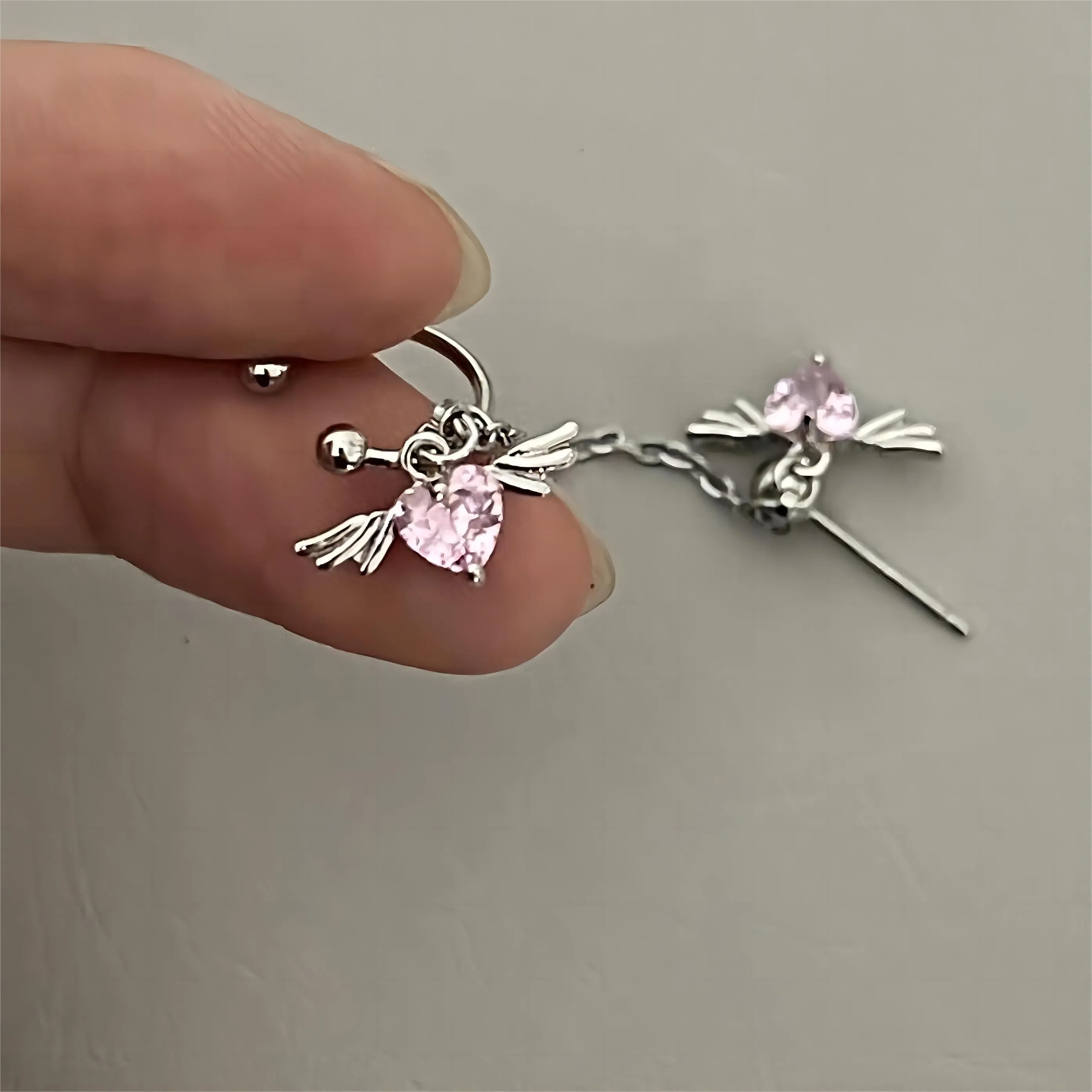 Chic Crystal Heart Angel Wings Ear Cuff Stud Chain Earrings