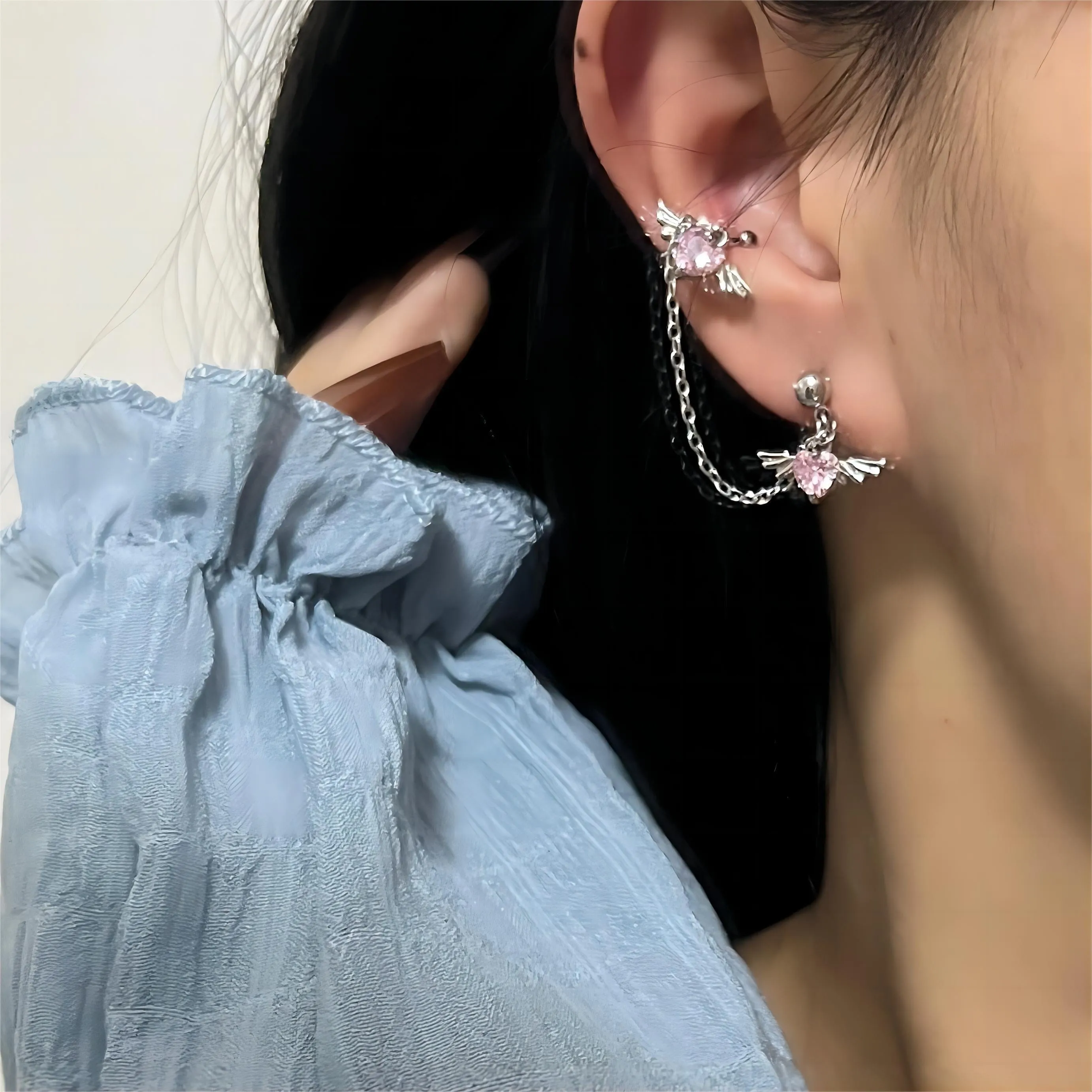 Chic Crystal Heart Angel Wings Ear Cuff Stud Chain Earrings