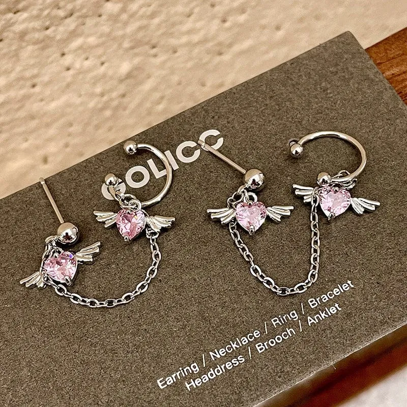 Chic Crystal Heart Angel Wings Ear Cuff Stud Chain Earrings