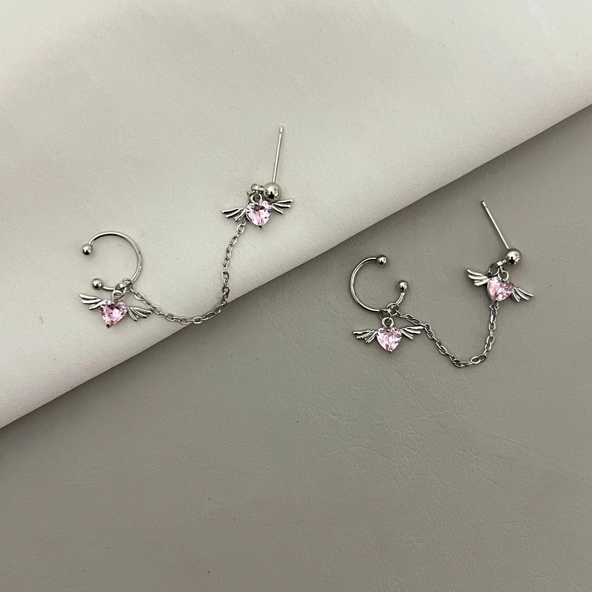Chic Crystal Heart Angel Wings Ear Cuff Stud Chain Earrings