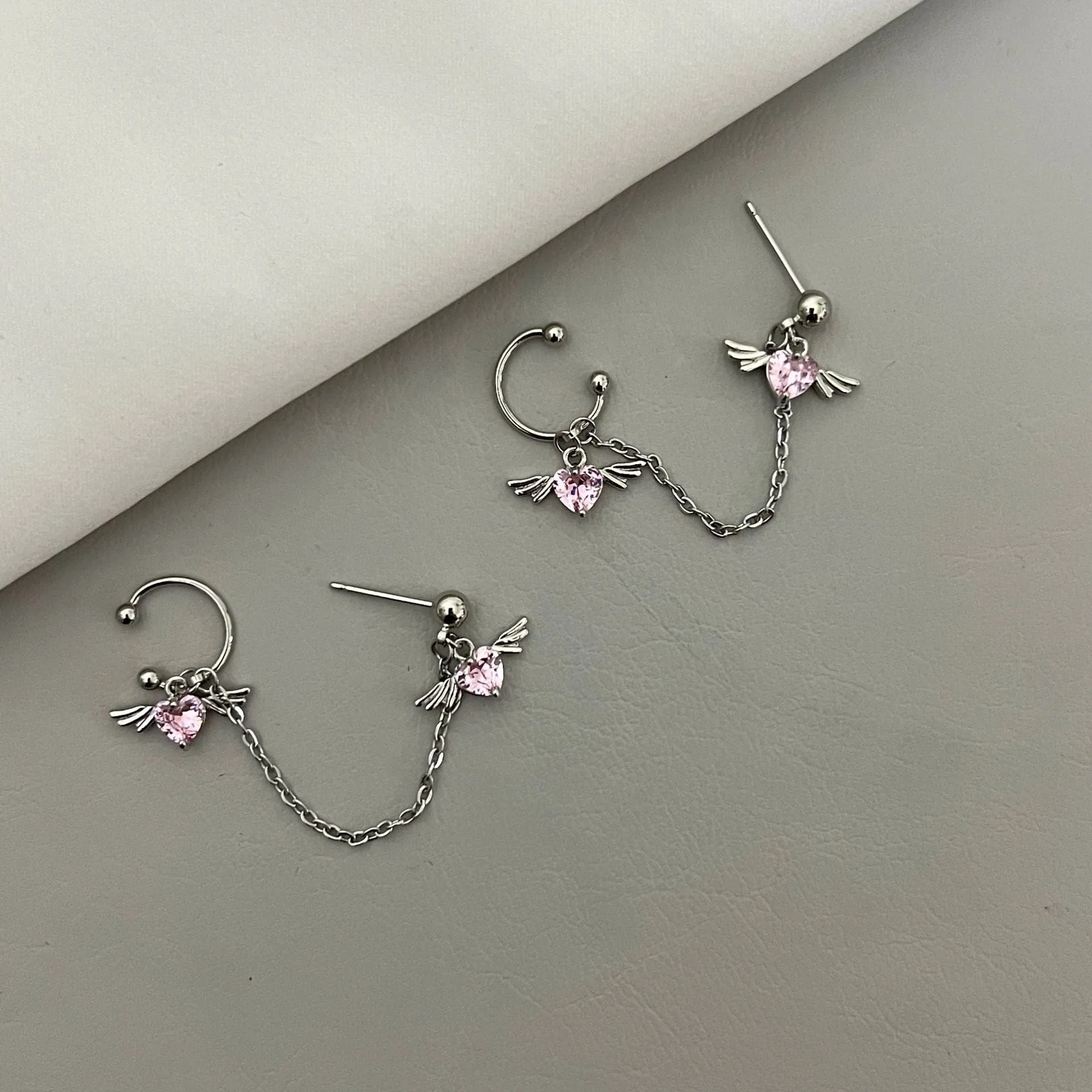 Chic Crystal Heart Angel Wings Ear Cuff Stud Chain Earrings