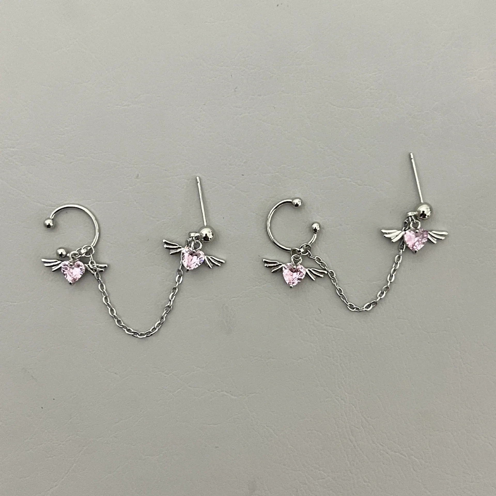 Chic Crystal Heart Angel Wings Ear Cuff Stud Chain Earrings