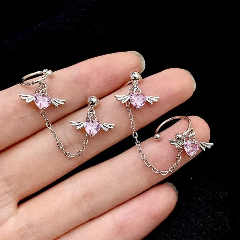 Chic Crystal Heart Angel Wings Ear Cuff Stud Chain Earrings