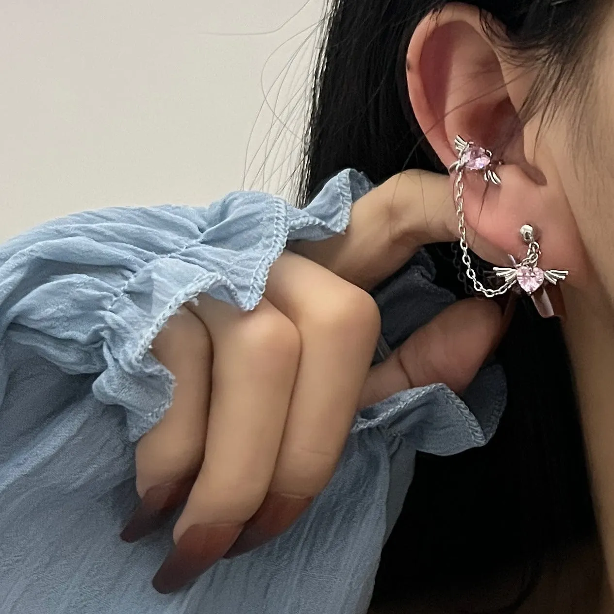 Chic Crystal Heart Angel Wings Ear Cuff Stud Chain Earrings